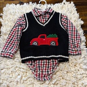 Look Little Lad Shirt with Black Vest Pants and Red Truck Design